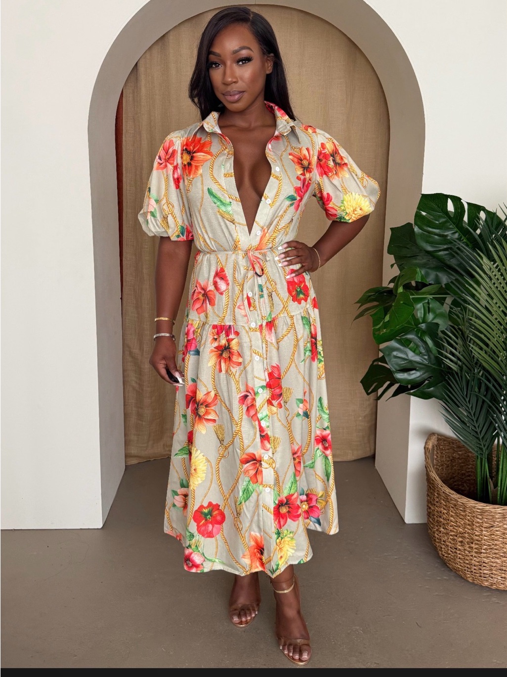 Nwt Endless Moon "Tropic Thread" Drop-Waist Midi Dress
